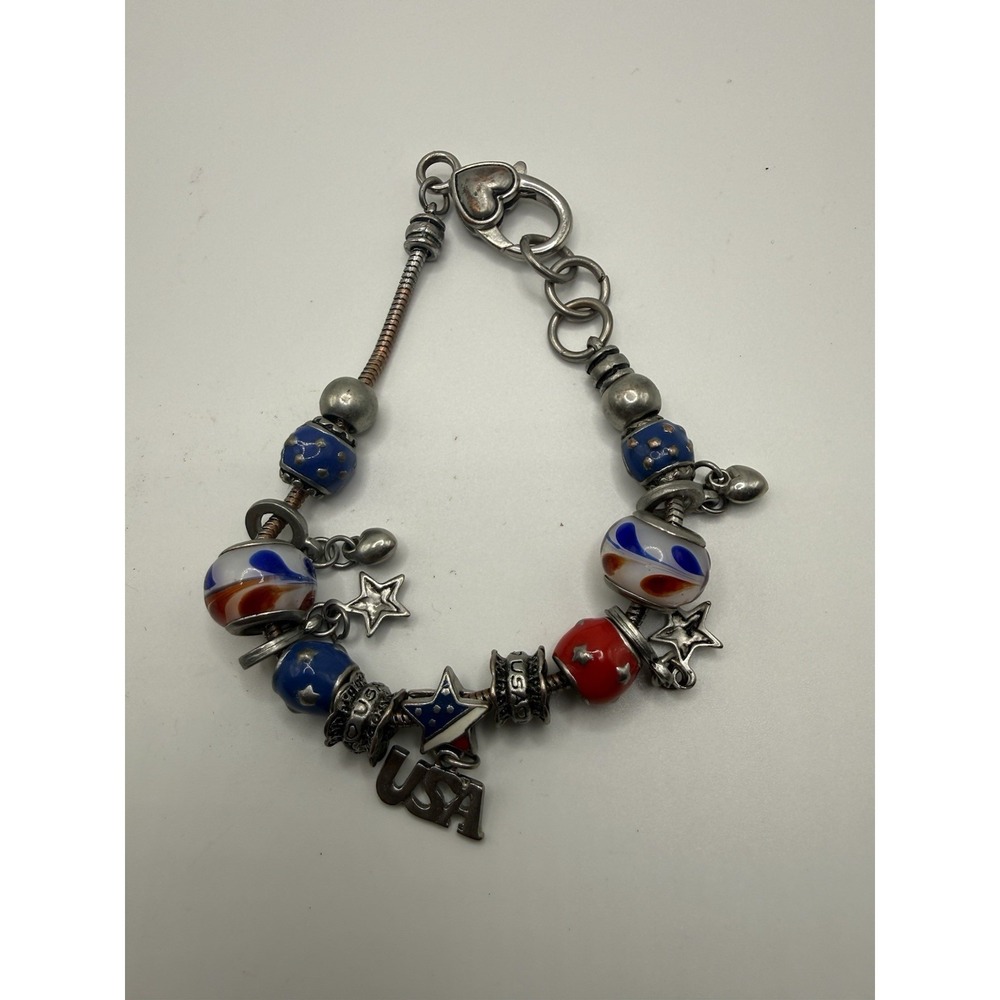 Enamel USA Patriotic Charm Bracelet Red‎ White Blue Glass Beads Stars